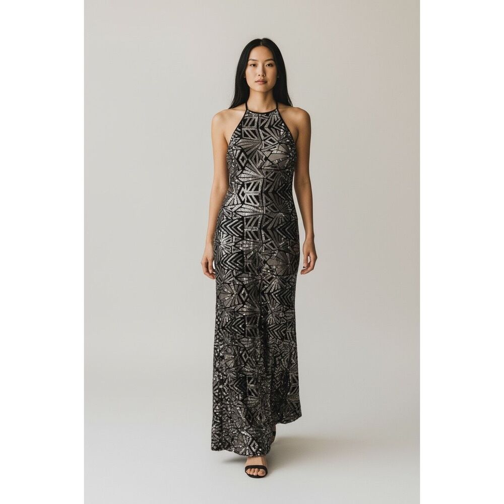 Nightway Black Tan Bronze Chrome Sequin Formal Gown 8 Floor Length Dress Modern